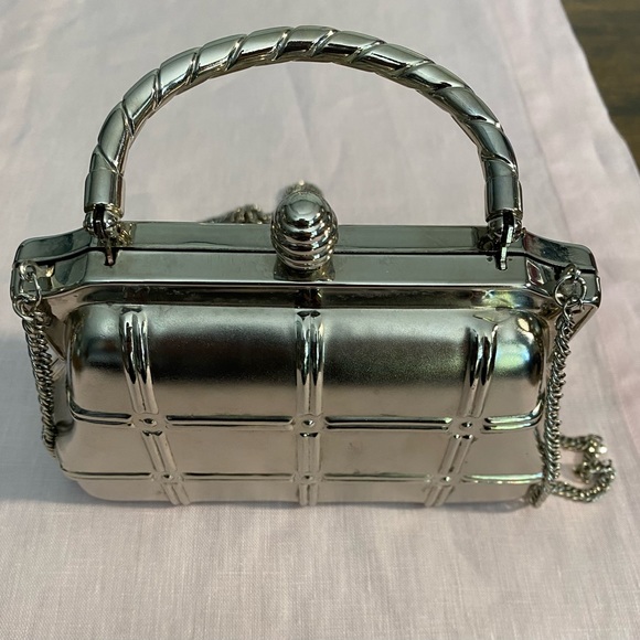 Hard Case Evening Crossbody/Bag W/ Rhinestones. Silver Metallic W/ 2 Options - Picture 5 of 10